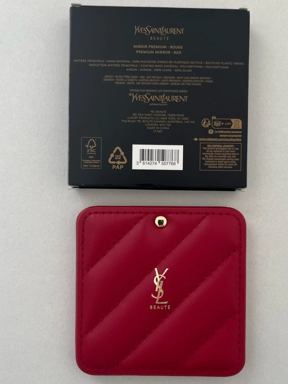Yves Saint Laurent Rouge Red Quilted Compact Makeup Mirror with Gold Logo